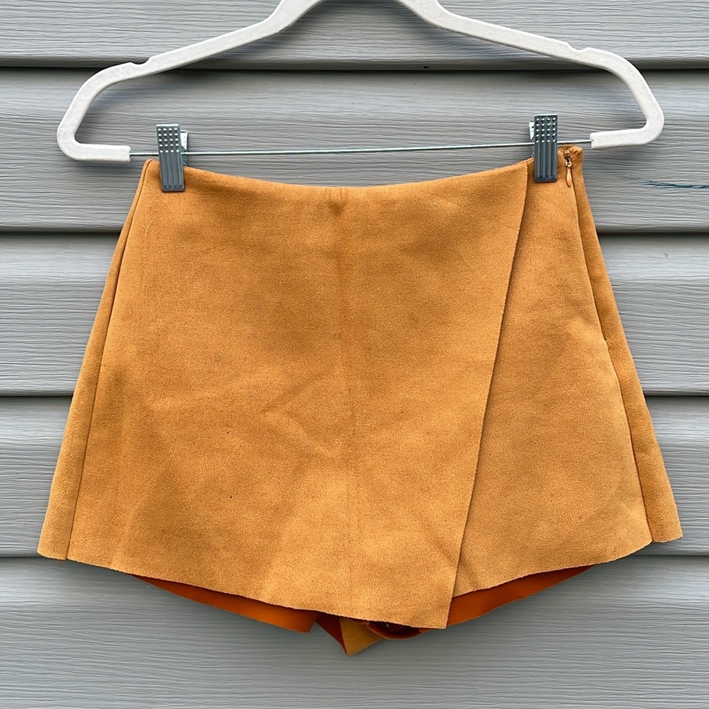 Tan High-Rise Faux Suede Skort